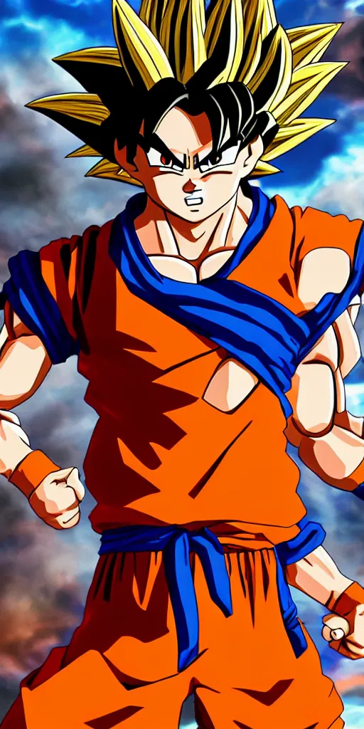 Image similar to son goku full body, photorealistic, highly detailed, 8 k, sharp focus, simple background, cinematic