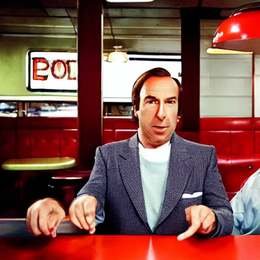 Image similar to saul goodman at a 5 0 s diner with red booths, still from breaking bad