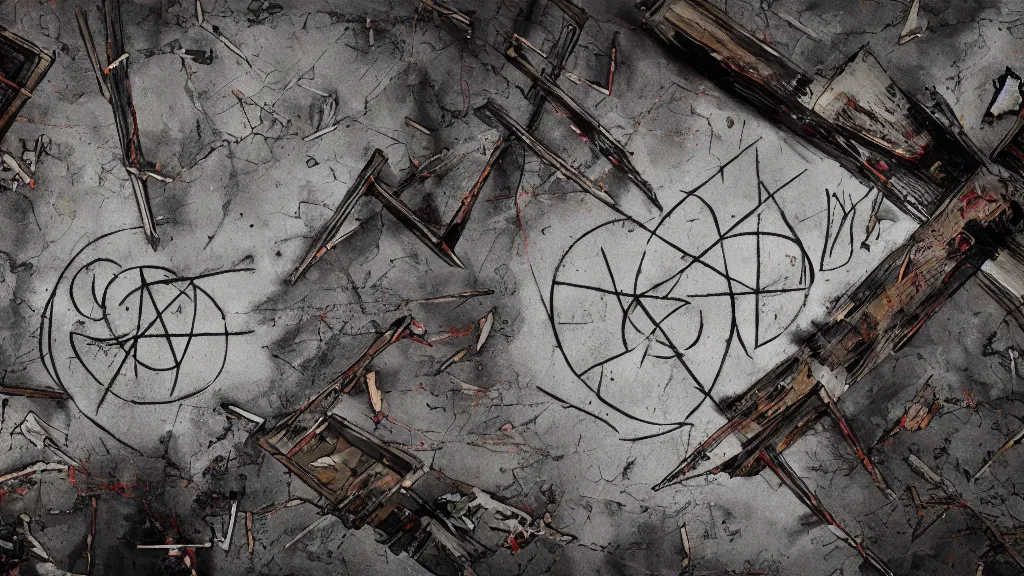 Prompt: a sigil scribbled on the ground. inside a haunted destroyed house and inverted cross drawn on the wall, trending on artstation, wide view, cinematic view, cinematic, 8 k, digital photo, unreal engine, colored paint, colorful paint, scary style