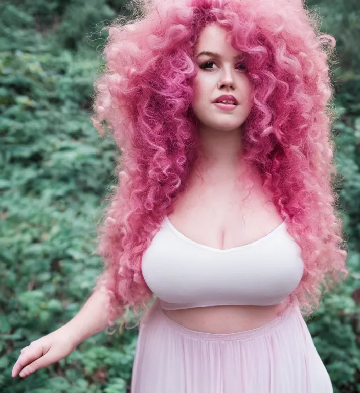 Image similar to a photograph of rose quartz from steven universe, portrait photography, 8 5 mm, iso 4 0 0, focus mode, detailed portrait, gigantic tight pink ringlets, huge curly pink hair, plus size, extremely beautiful and ethereal, warm smile, magical, white dress, pink diamond embedded in her navel, gorgeous, kind features, beautiful woman, flattering photo, daylight