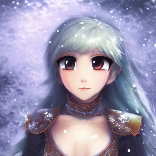 Image similar to portrait focus of knight beautiful 3D anime girl, Frozen ice armor wearing, dark forest background, snowing, bokeh, inspired by Masami Kurumada, digital painting, high contrast, unreal engine render, volumetric lighting, high détail