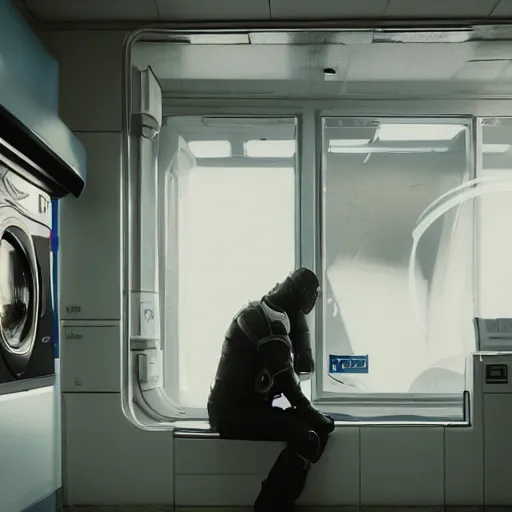 Image similar to a beautiful photo of an astronaut waiting in a laundromat, soft light, morning light, photorealistic, realistic, octane, 8k, cinematic shot