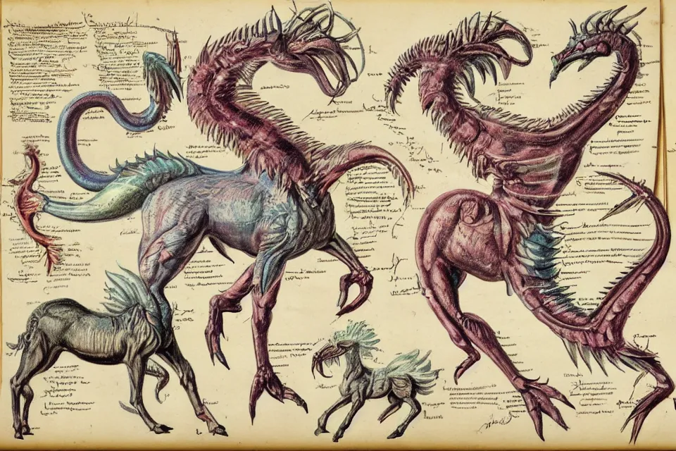 Image similar to Vintage, detailed, colored sketch of mythical creature anatomy, full body, with full descriptions, on parchment.