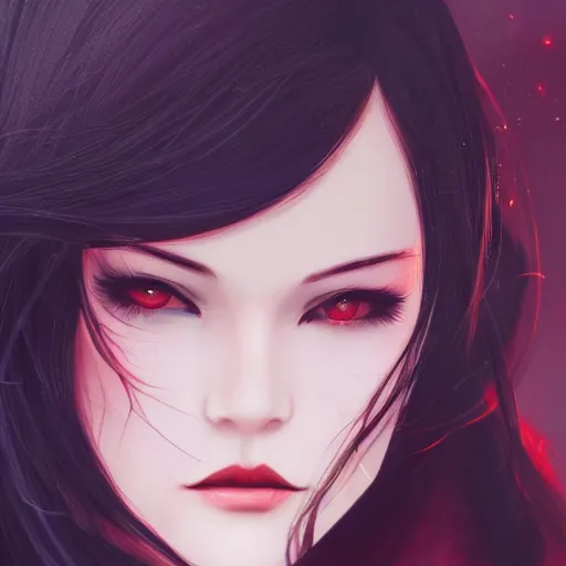 Image similar to a portrait of a very beautiful vampire woman with black hair and pale skin, red eyes, wearing a black cloak, nightime village background, dramatic lighting, 4k resolution, illustration, high quality, highly detailed, charlie bowater, lois van baarle, ilya kuvshinov, rossdraws, artstation