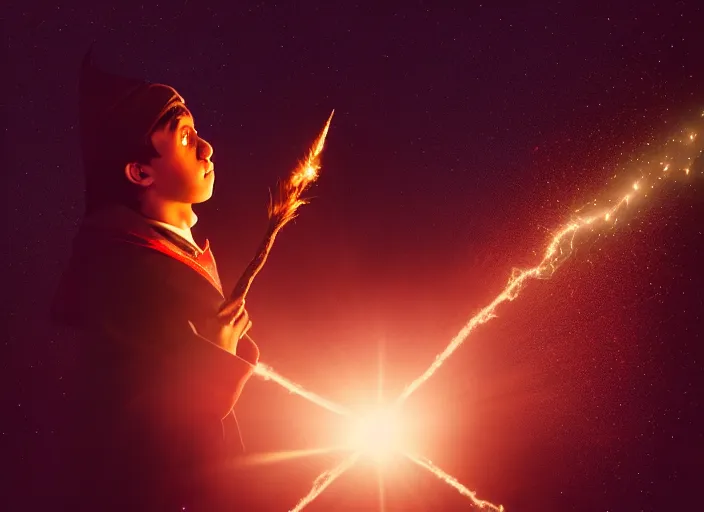 Image similar to a young adult wizard with very detailed face, hair clothes and shoes points their wand fiercely from which a blast of bright magic flies from the end of the wand, on an empty moonlit hill, dramatic lighting, lens flare, 3 5 mm full frame professional photography, kodachrome