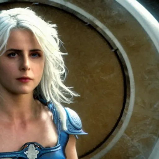 Image similar to still of Ciri in front of the stargate in SG1, activated stargate, chappa'ai, blue stargate, portal