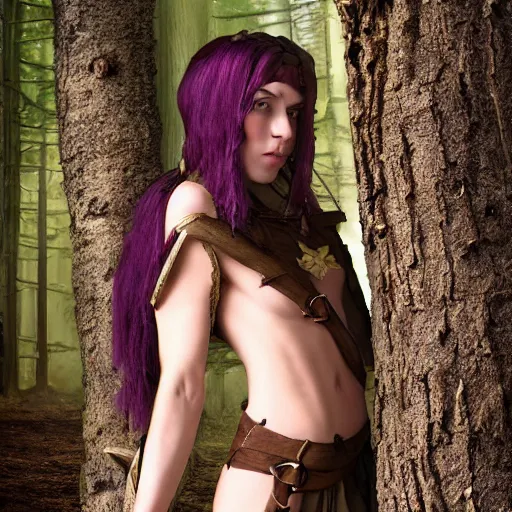 Image similar to anya charlota as a medieval fantasy wood elf, dark purplish hair tucked behind ears, wearing a green tunic with a fur lined collar and brown leather armor, stocky, muscular build, scar across nose, one black, scaled arm, cinematic, character art, digital art, forest background, realistic. 4 k