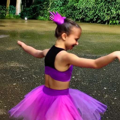 Prompt: A photo of a girl dancing with a frog