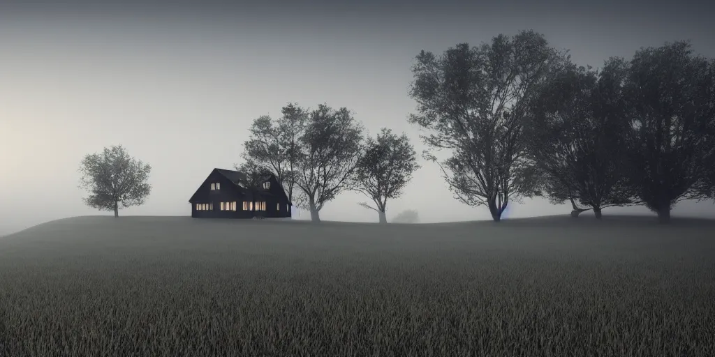 Prompt: house on a hill, beautiful, dawn, foggy area, black fog, photorealistic, panoramic shot, 4 k