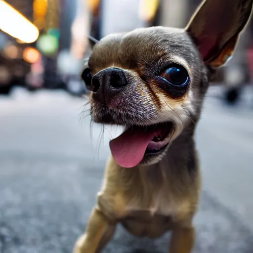 Prompt: A national geographic high resolution close up on a chihuahua in a busy New York street