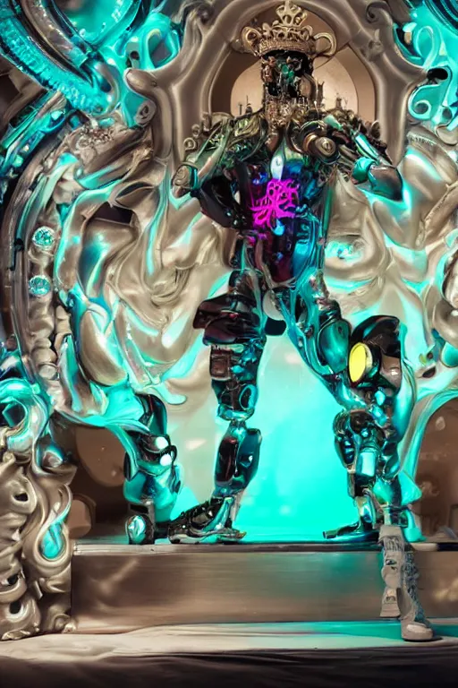 Image similar to full-body rococo and cyberpunk style neon statue of a muscular attractive Roberto macho dotado e rico android sim roupa reclining con las piernas abertas e la piroca dura liete, glowing white laser eyes, prince crown of mint gears, diamonds, swirling silver-colored silk fabric. futuristic elements. full-length view. space robots. human skulls. intricate artwork by caravaggio. Trending on artstation, octane render, cinematic lighting from the right, hyper realism, octane render, 8k, depth of field, 3D