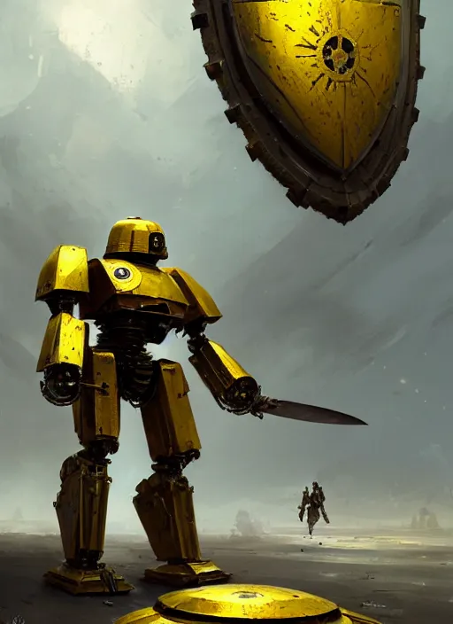 Image similar to human-sized strong intricate yellow pit droid carrying very detailed perfect antique great sword and beautiful large paladin shield, pancake short large head, exposed metal bones, painterly humanoid mecha, slightly far away, by Greg Rutkowski