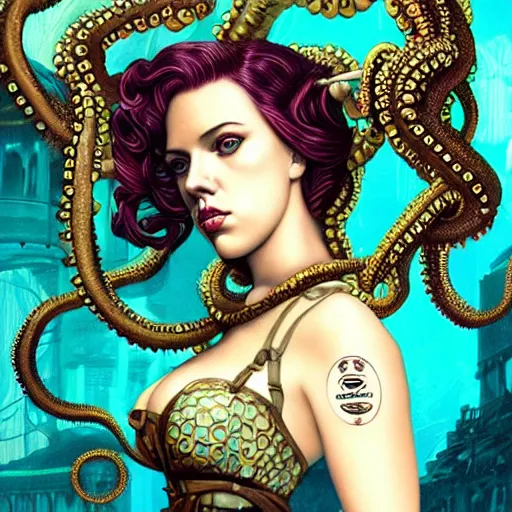 Prompt: lofi underwater bioshock steampunk lovecraft lovecraftian portrait of scarlett johansson, octopus, Pixar style, by Tristan Eaton Stanley Artgerm and Tom Bagshaw.