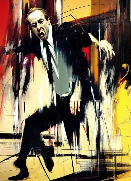 Prompt: saul goodman, screaming, painting by phil hale, sir francis bacon,'action lines '!!!, graphic style, visible brushstrokes, motion blur, blurry