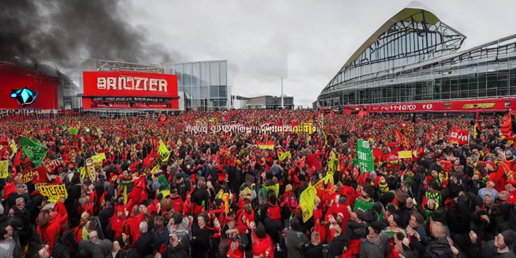 Image similar to # glazersout protests outside old trafford theatre of dreams against the glazers, # glazersout, chaos, protest, banners, placards, burning, pure evil, 8 k, by stephen king, wide angle lens, 1 6 - 3 5 mm, symmetry, cinematic lighting