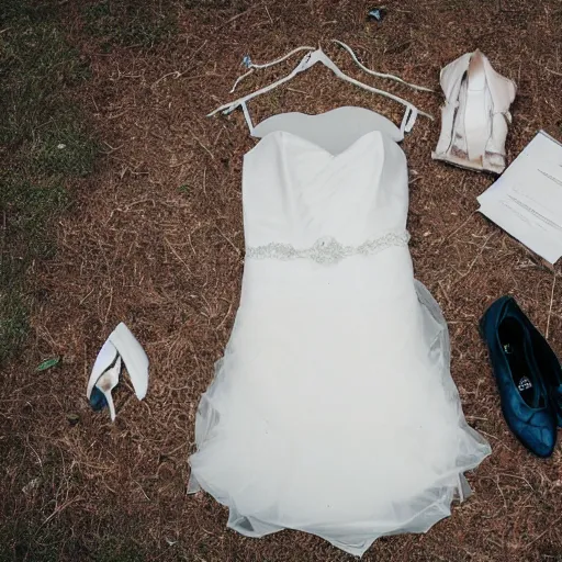 Prompt: a bedroom floor with a wedding dress discarded in a heap and a suit on the floor