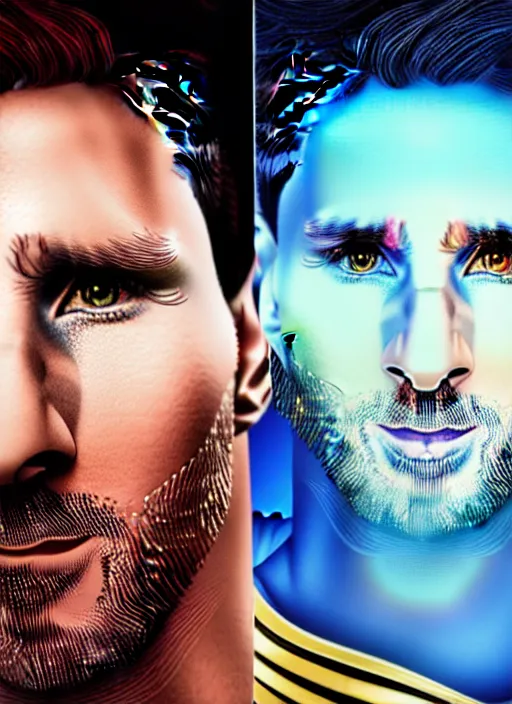 Image similar to a gorgeous lionel messi photo, professionally retouched, soft lighting, wearing shiny gold catsuit, illuminated by floating, glowing alien symbols, realistic, smooth face, perfect eyes, wide angle, sharp focus on eyes, 8 k high definition, insanely detailed, intricate, elegant, art by artgerm and wlop