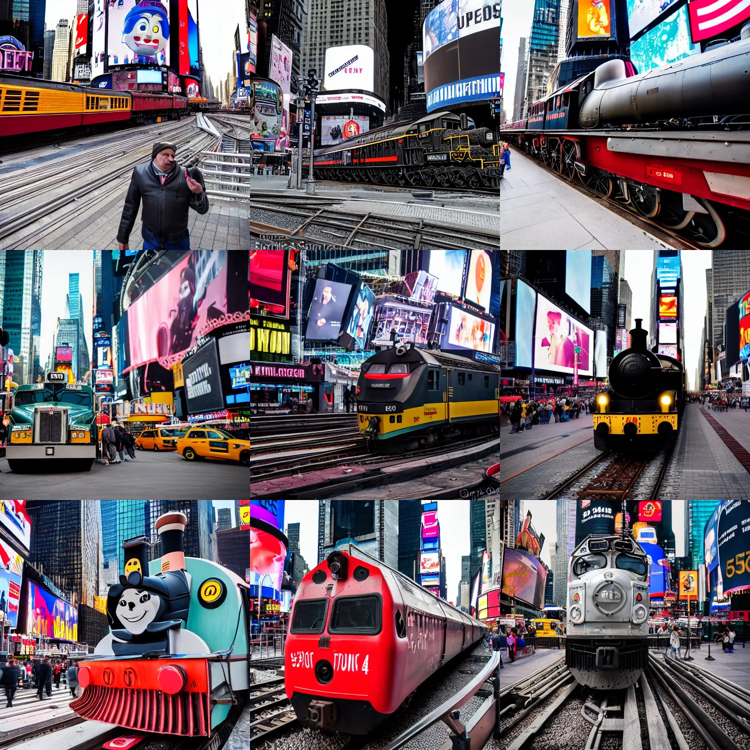 Prompt: Tomas the train in Times Square, XF IQ4, 150MP, 50mm, F1.4, ISO 200, 1/160s, natural light