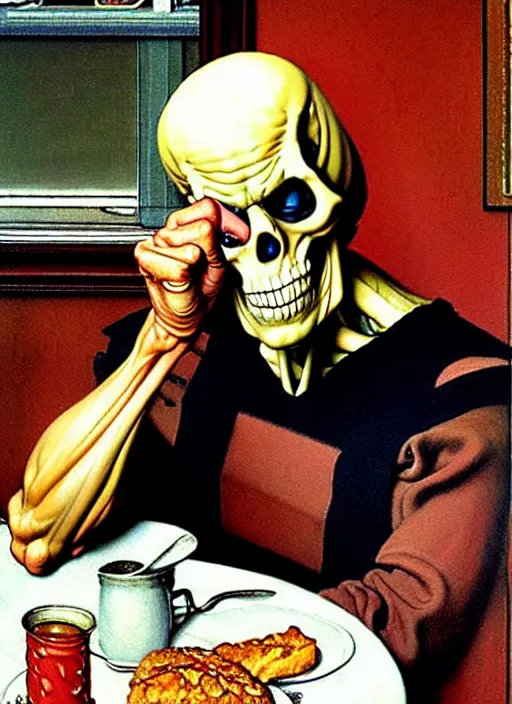 Image similar to a realistic painting of skeletor sitting at the breakfast table by norman rockwell, americana, high quality