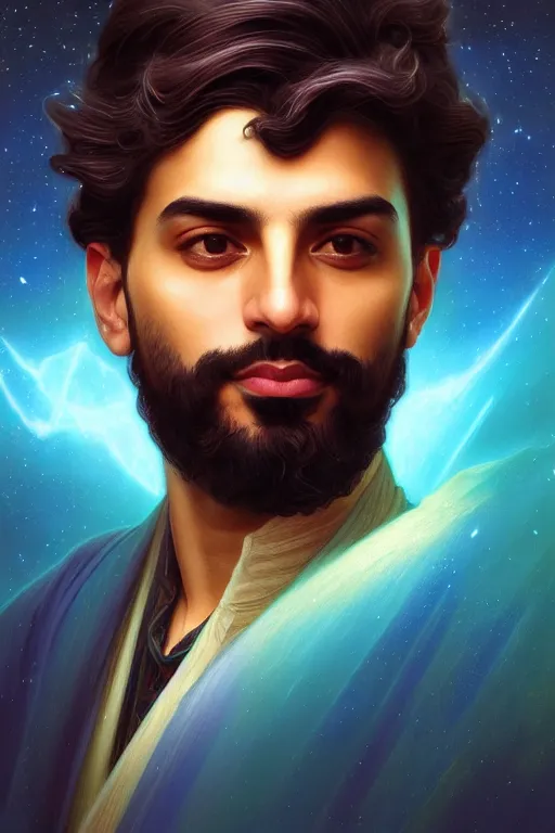 Prompt: portrait of a Persian architect and astronomer, handsome man, heroic pose, Turquoise colors, dramatic lighting, volumetric lighting, intricate, highly detailed, digital painting, artstation, concept art, smooth, sharp focus, illustration, art by artgerm and greg rutkowski and alphonse mucha, footage from space camera