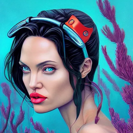 Prompt: underwater lofi portait of angelina jolie, Pixar style, by Tristan Eaton Stanley Artgerm and Tom Bagshaw.