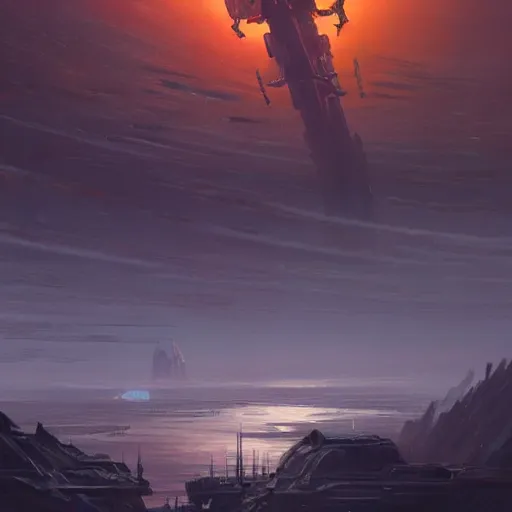Image similar to scifi art by Greg Rutkowski, a heavy shuttle that is shaped like a brutalist-looking high tech lobster, in the background, the distant silhouettes of a brutalist-looking planetary colony, hostile and desolate landscape, orange ambient light, detailed and intricate environment, high technology, digital painting, artstation, concept art, smooth, sharp foccus ilustration, Artstation HQ.