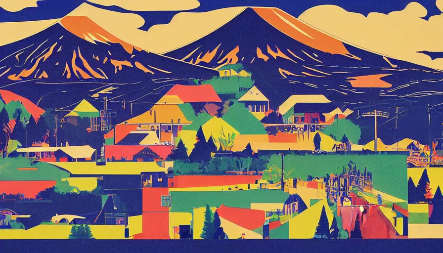 Image similar to award winning graphic design poster, cutouts constructing an contemporary art depicting a lone mount fuji and hills, rural splendor, and bullet train, isolated on white, and bountiful crafts, local foods, edgy and eccentric abstract cubist realism, mixed media painting by Leslie David and Lisa Frank for juxtapose magazine