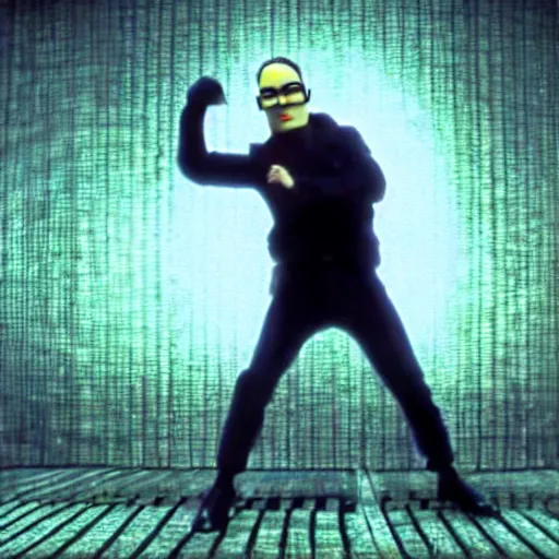 Image similar to a ( ( minion ) ) in the matrix!!!, bullet time, still from movie