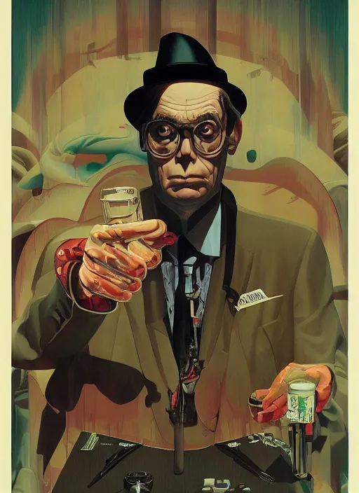 Image similar to poster artwork by Michael Whelan and Tomer Hanuka, Karol Bak Major Buster Keaton, from scene from Twin Peaks, clean