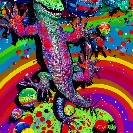 Prompt: Hillary Clinton lizard looking at brightly colored balloons, Ralph steadman, psychedelic, surreal, ink splatter, detailed, 4k