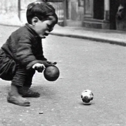 Image similar to a boy playing with a ball in the street in 1 9 2 0