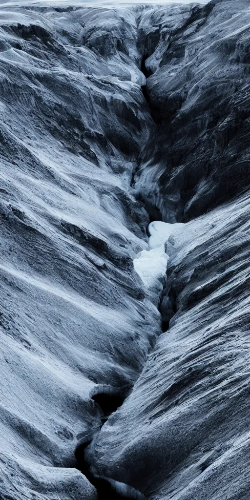 Image similar to dream looking through a hyper realistic photograph of a ice covered canyon, minimal structure, futurists landscape, misty, icelandic valley, small stream over black rock, small waterfall, fibonacci, timed exposure, in the style of reuben wu, roger deakins