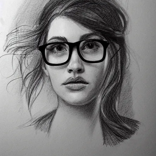 Prompt: pencil sketch!!, portrait of young woman, big!!!!!!!! nerdy glasses!!!