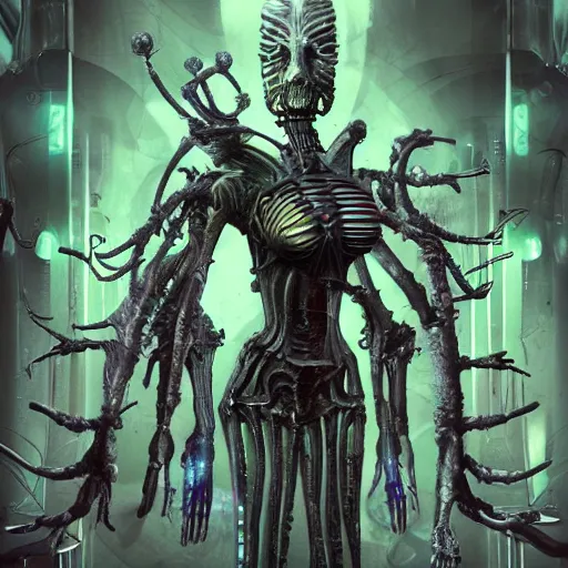 Image similar to highly evolved biomechanical phyrexian dreadnought plus pregnant borg queen hybrid being possessed by the machine spirit artists tram pararam and doctor seuss with beryl cook and hr giger neon high contrast cinematic light, mystical shadows, sharp focus, octane render