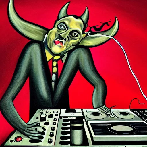 Image similar to painting of the devil as a dj with hand on record spinning