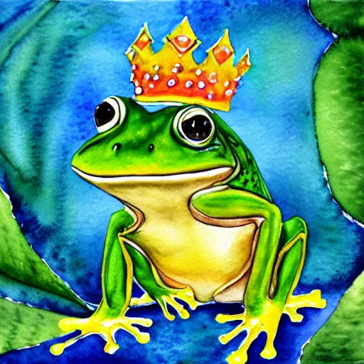 Image similar to beautiful watercolor painting of a frog wearing a crown in swamp