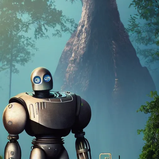 Image similar to ultra realistic and intricate detailed photograph of iron giant with his friend gold giant, 1999 pixar movie, forest, technology, innovation, bright modern style, artstation, unreal render, depth of field, ambient lighting, award winning, stunning