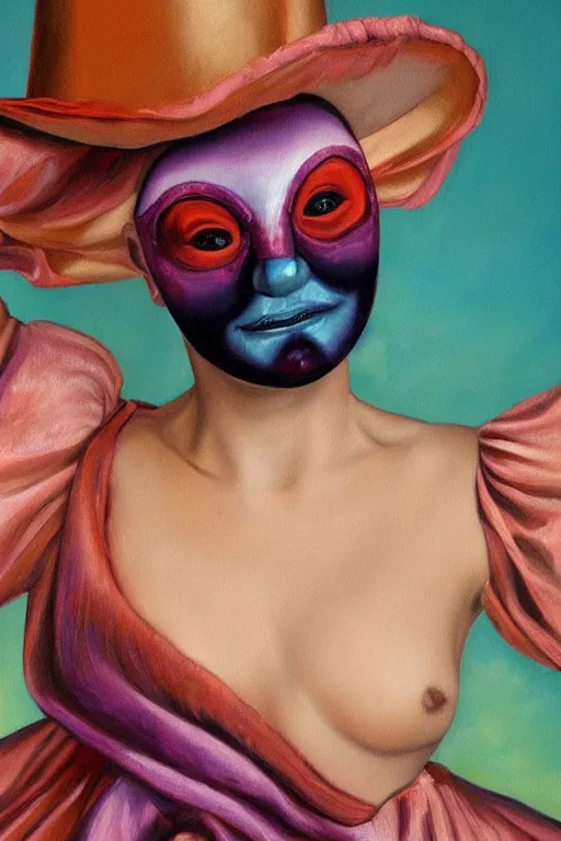 Prompt: hyperrealism oil painting, close - up portrait of commedia dell'arte fashion woman model, gradient mixed with nebula sky, in style of baroque