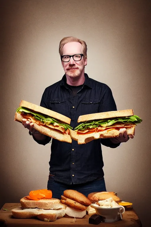 Image similar to 📷 portrait of adam savage the sandwich, made of food, still image, dynamic lighting, 4 k