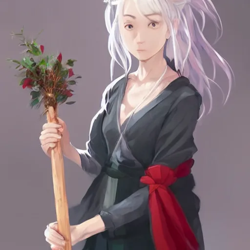 Prompt: full body portrait of a girl sorcerer with white hair in a hairbun, she is wearing a red scarf. she is holding a large natural wood wand with leaves on it and a crystal at the top. cgsociety masterpiece, artstation trending, by rossdraws, ghibli, kimi no na wa, greg rutkowski, simon stalberg, greg manchess