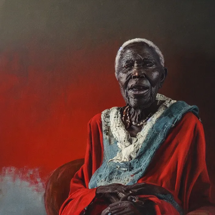 Image similar to a painting of a wise elder from Kenya by Lynette Yiadom-Boakye . dramatic angle, ethereal lights, details, smooth, sharp focus, illustration, realistic, cinematic, artstation, award winning, rgb , unreal engine, octane render, cinematic light, macro, depth of field, blur, red light and clouds from the back, highly detailed epic cinematic concept art CG render made in Maya, Blender and Photoshop, octane render, excellent composition, dynamic dramatic cinematic lighting, aesthetic, very inspirational, arthouse.