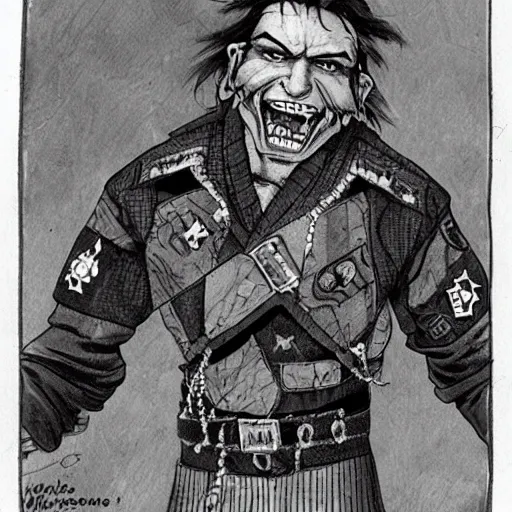 Prompt: a middle aged half - orc with thin fangs and blue grey intelligent eyes, a bemused smile. he wears a patchwork military uniform jacket with cut sleeves and many charms and baubles worked into the fabric, with an upturned collar. he has sleeve tattoos. 1 9 th century style