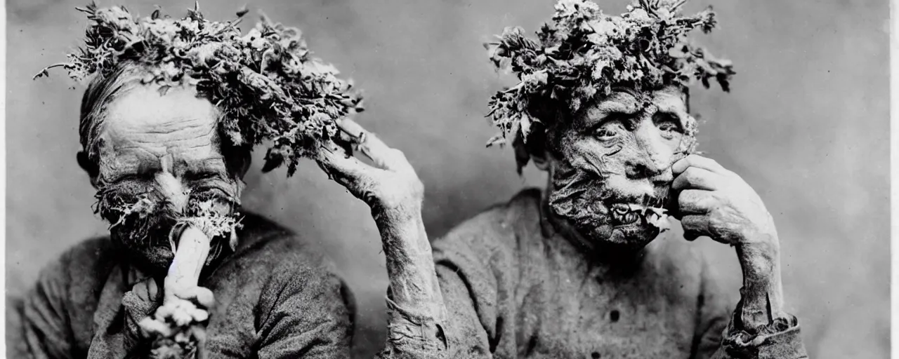Image similar to 1920s portrait photography of an alpine old farmer transforming into a monster, edelweiss growing out of his face, goat horns on his head