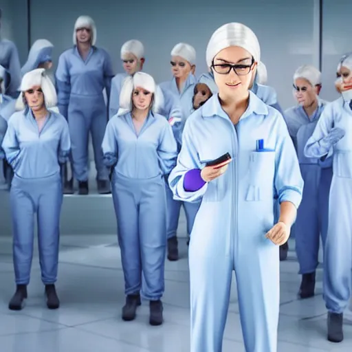 Image similar to troop of very short cloned women with white bob hairdos, tight light blue and lavender jumpsuits, standing next to tall scientist looking at a clipboard, futuristic cloning facility, sci - fi, highly detailed, cinematic