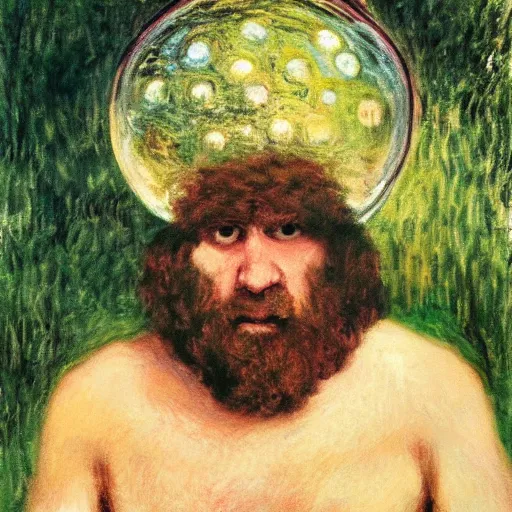 Image similar to caveman with a tinfoil hat, divination ball, portrait by monet