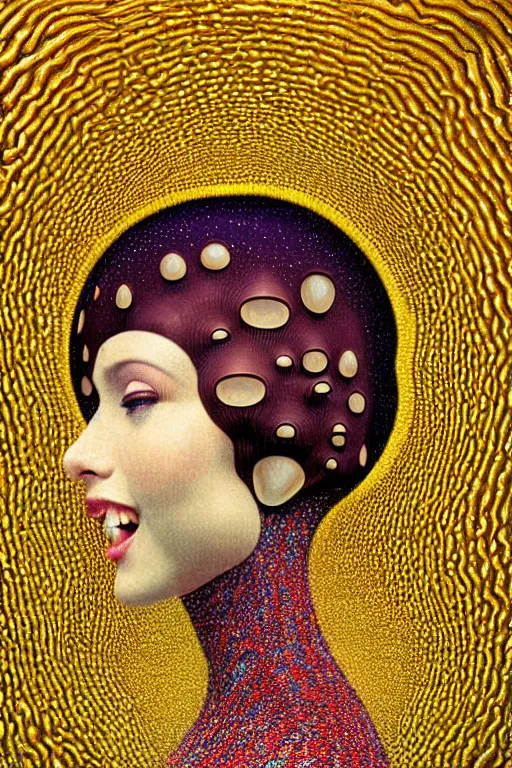 Image similar to art deco close up portait of mushroom head with big mouth surrounded by spheres, rain like a dream digital render curvalinear clothing cinematic dramatic fluid lines otherworldly vaporwave interesting details epic composition by artgerm moebius francis bacon gustav klimt