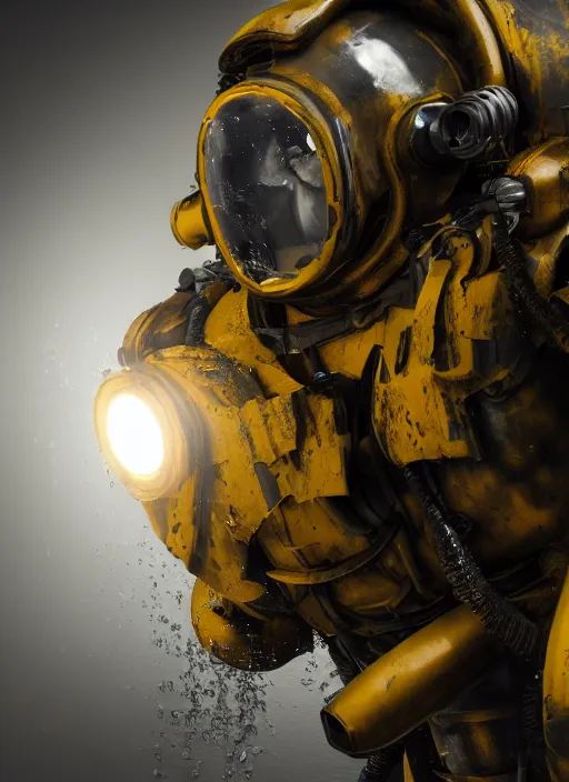 Image similar to a photorealistic dramatic hyperrealistic underwater render of an exosuit deep sea submersible, ultra realistic details, glossy yellow, well worn, rust, oil stains by vitaly bulgarov and mike nash, beautiful dramatic dark moody tones and lighting, cinematic atmosphere, studio lighting, global illumination, shadows, dark background, octane render, 8 k