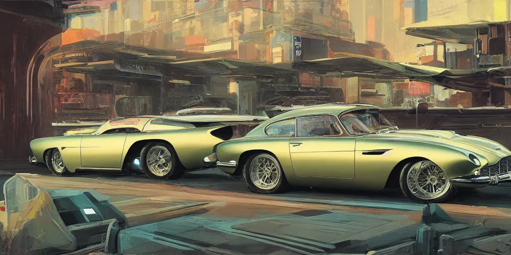 Prompt: art style by Ben Aronson and Edward Hopper and Syd Mead, wide shot view of the Cyberpunk 2077, on ground level. full view of the Aston Martin DB4 1958 with wide body kit modification and dark pearlescent holographic paint, has gullwing doors open.