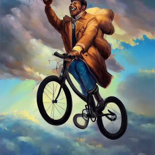 Image similar to A whimsical painting of a happy man flying in the sky on his bicycle in the clouds, expressive oil painting, digital art by Ross Tran