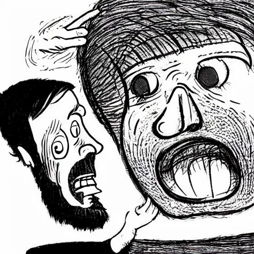 Image similar to picture of a man’s head exploding from a nearby speaker . “Bill Plympton” art